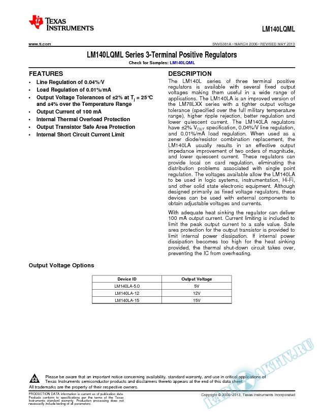 LM140LQML Series 3-Terminal Positive Regulators (Rev. A)
