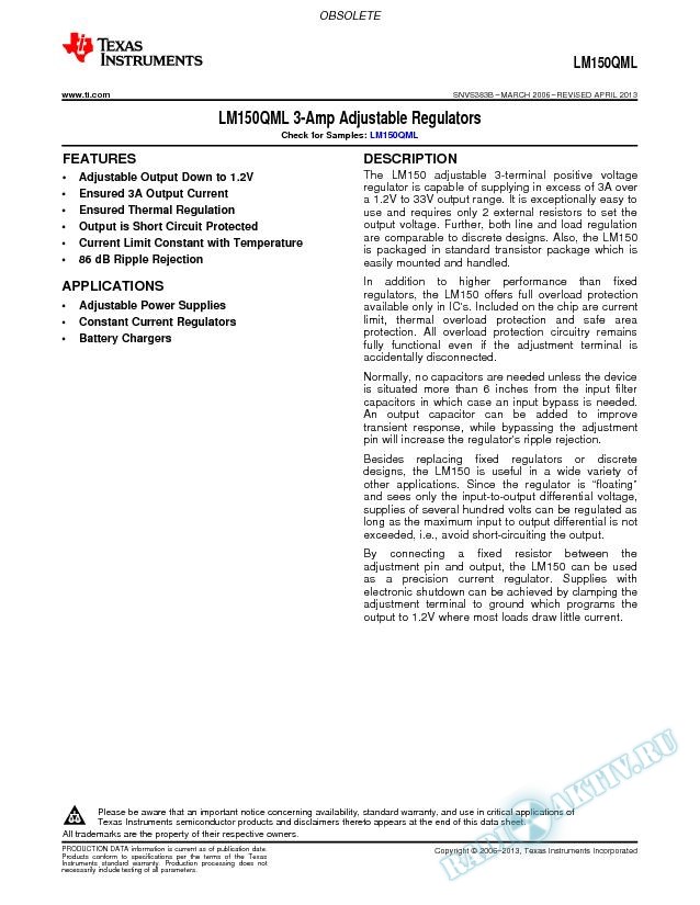 LM150QML 3-Amp Adjustable Regulators (Rev. B)