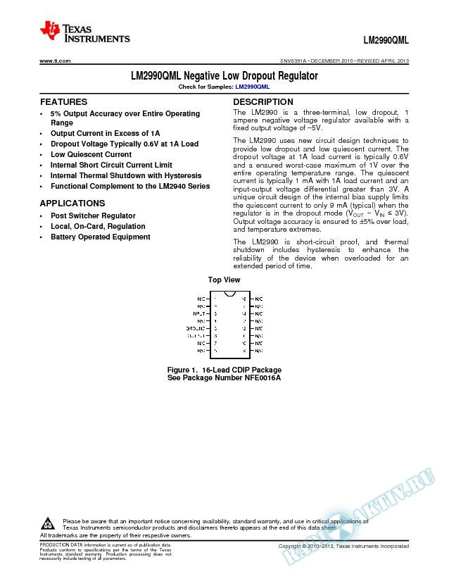 LM2990QML Negative Low Dropout Regulator (Rev. A)