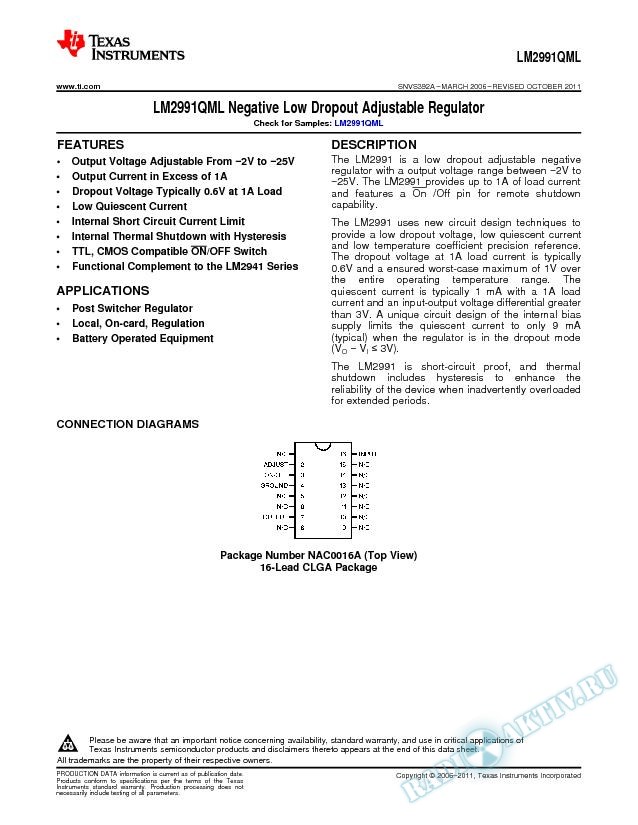 LM2991QML Negative Low Dropout Adjustable Regulator (Rev. A)