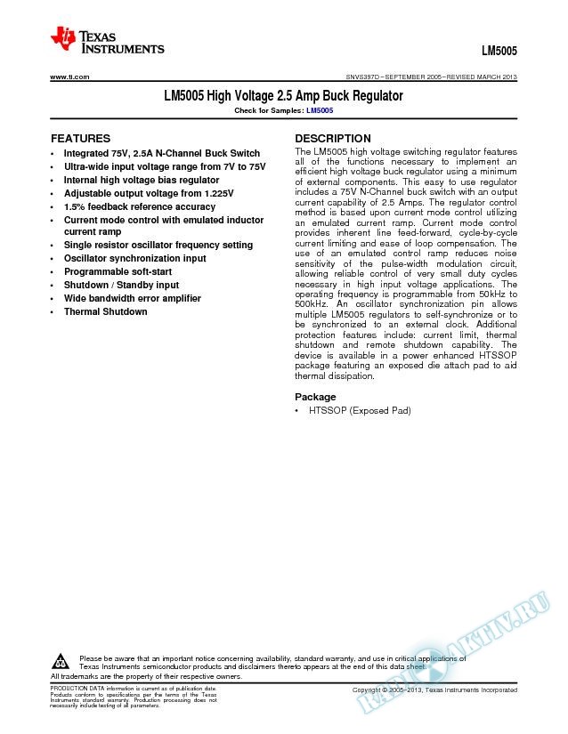 LM5005 High Voltage 2.5 Amp Buck Regulator (Rev. D)