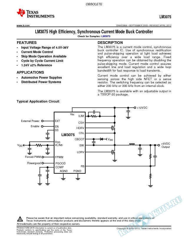 LM3075 High Efficiency, Synchronous Current Mode Buck Controller (Rev. A)