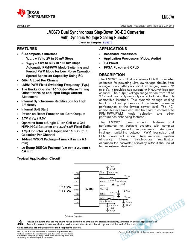 LM3370 Dual Synch Step-Down DC-DC Converter w/Dyn Volt Scaling Func (Rev. N)