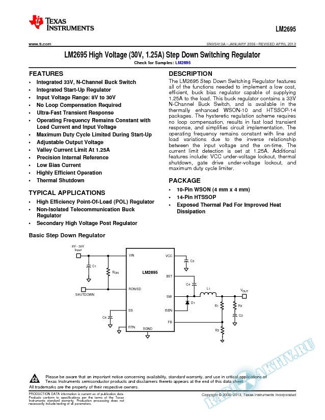 LM2695 High Voltage (30V, 1.25A) Step Down Switching Regulator (Rev. A)