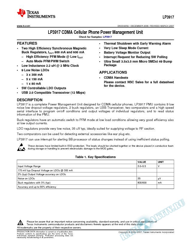 LP3917 CDMA Cellular Phone Power Management Unit (Rev. A)