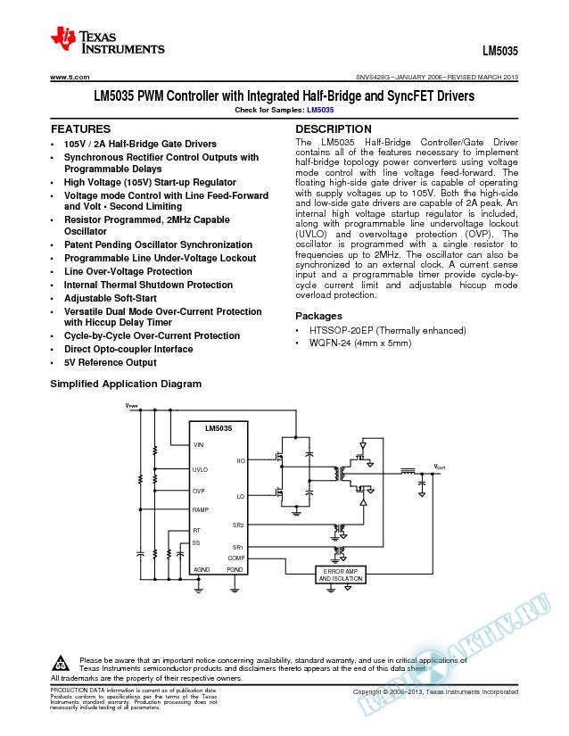 LM5035 PWM Controller with Integrated  Half-Bridge and SyncFET Drivers (Rev. G)