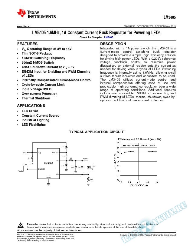 LM3405 1.6MHz, 1A Constant Current Buck Regulator for Powering LEDs (Rev. B)