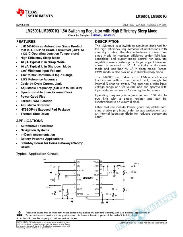 LM26001/LM26001Q 1.5A Switching Regulator with High Efficiency Sleep Mode (Rev. G)