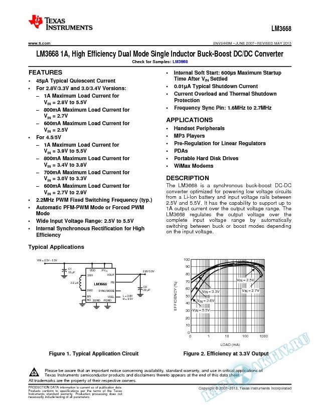 LM3668 1A, High Eff Dual Mode Single Induct Buck-Boost DC/DC Converter (Rev. M)