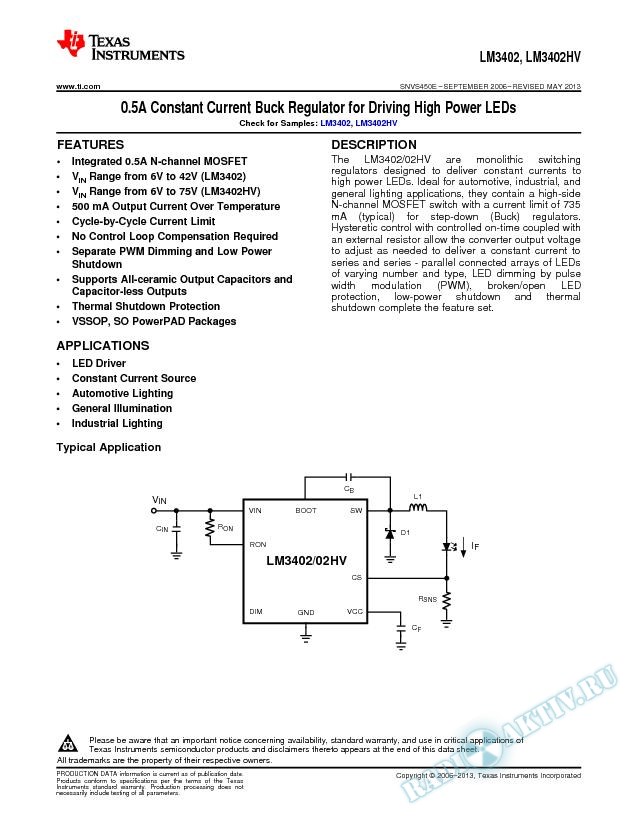 LM3402/LM3402HV 0.5A Constant Current Buck Regulator for Driving High Pwr LEDs (Rev. E)
