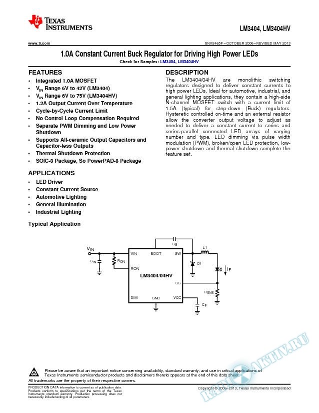 LM3404/04HV 1.0A Constant Current Buck Regulator for Driving High Power LEDs (Rev. F)