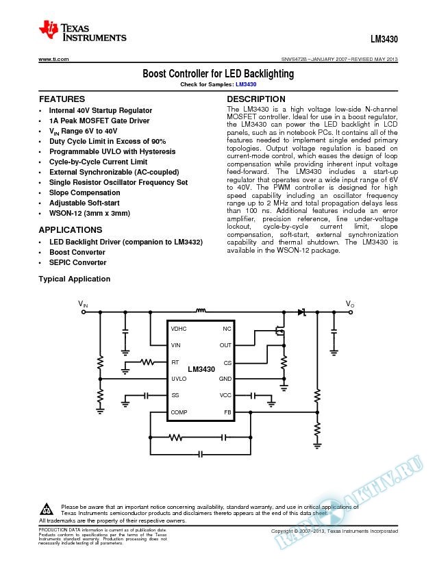 LM3430 Boost Controller for LED Backlighting (Rev. B)