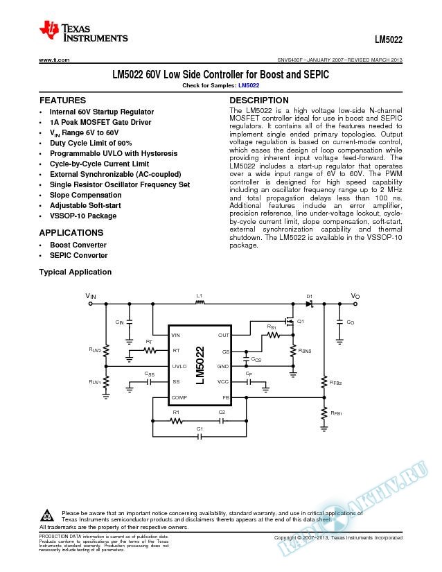 LM5022 60V Low Side  Controller for Boost and SEPIC (Rev. F)