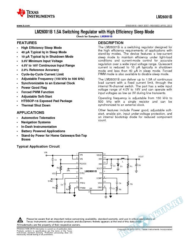 LM26001B 1.5A Switching Regulator with High Efficiency Sleep Mode (Rev. B)