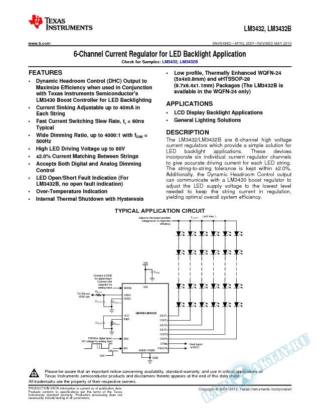 LM3432/LM3432B 6-Channel Current Regulator for LED Backlight Application (Rev. D)