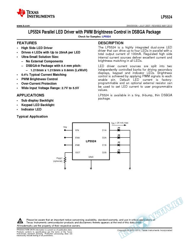 LP5524 Parallel LED Driver with PWM Brightness Control in Micro SMD Package (Rev. A)