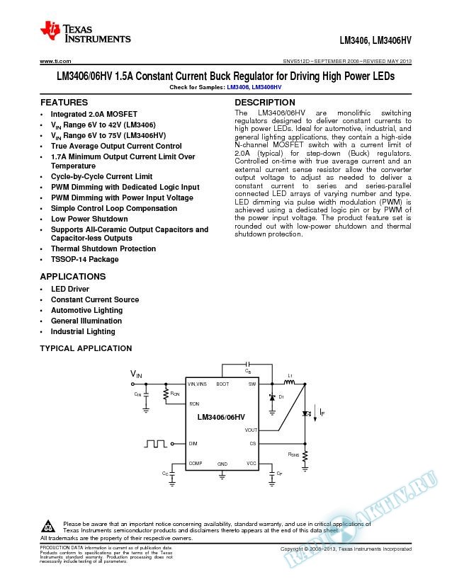 LM3406/06HV 1.5A Constant Current Buck Regulator for Driving High Power LEDs (Rev. D)