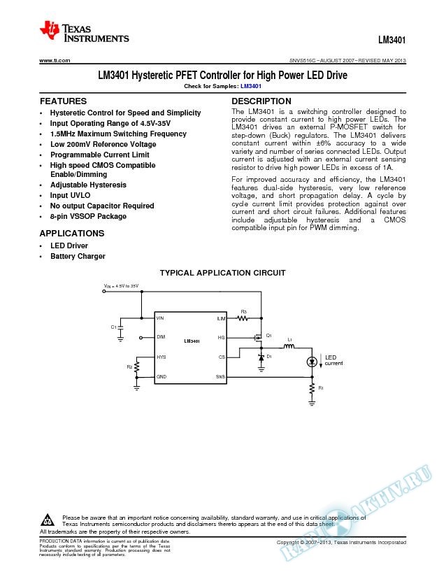 LM3401 Hysteretic PFET Controller for High Power LED Drive (Rev. C)