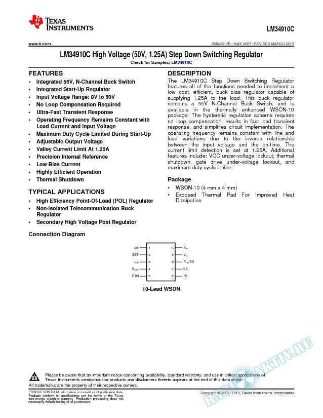LM34910C High Voltage (50V, 1.25A) Step Down Switching Regulator (Rev. B)