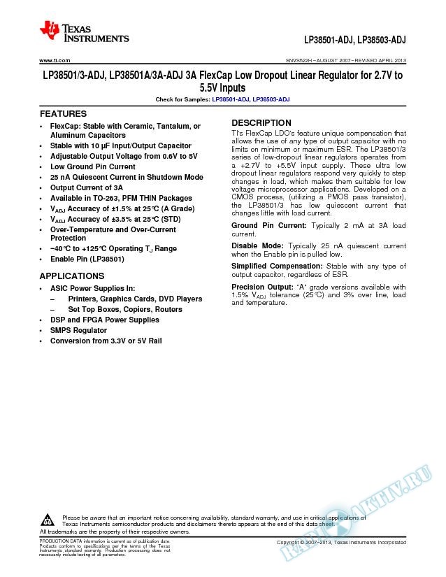 LP38501/3-ADJ, LP38501A/3A-ADJ 3A  FlexCap LDO Linear Reg for 2.7V to 5.5V Input (Rev. H)