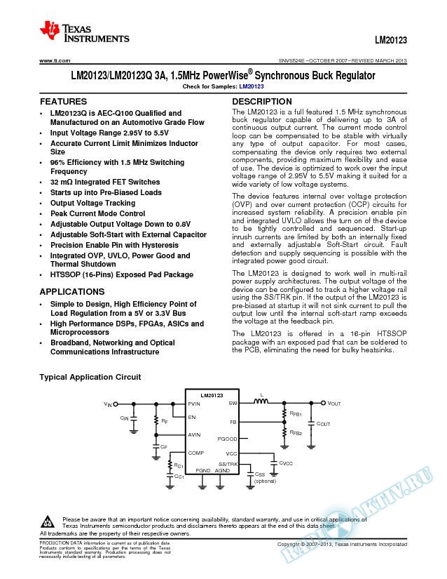 LM20123/LM20123Q 3A, 1.5MHz PowerWise ®  Synchronous Buck  Regulator (Rev. E)