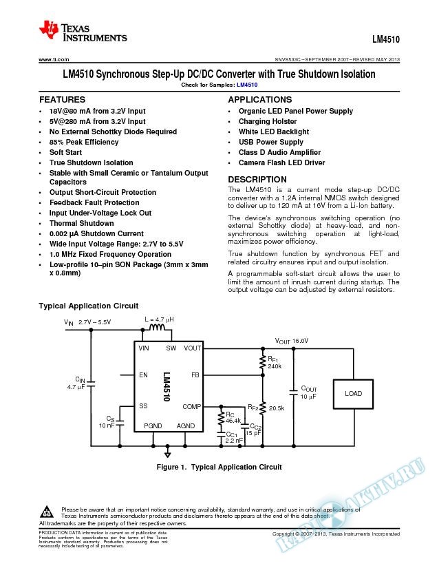 LM4510 Synchronous Step-Up DC/DC Converter with True Shutdown Isolation (Rev. C)