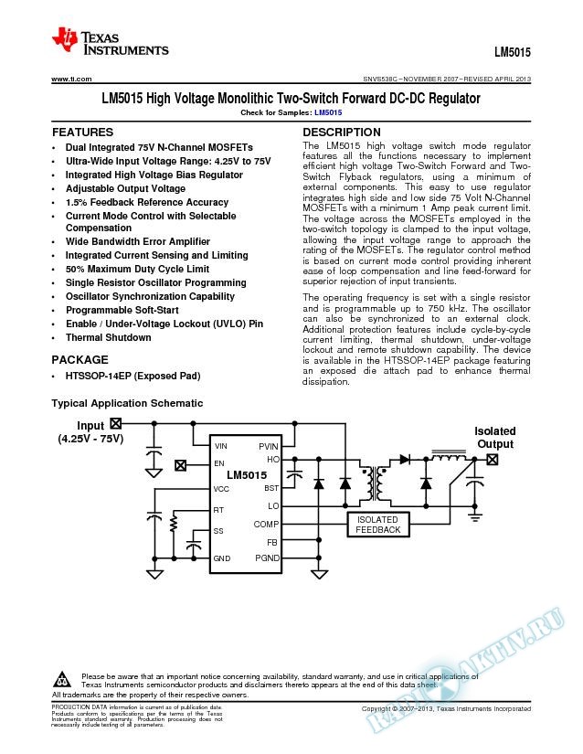 LM5015 High Voltage Monolithic Two-Switch Forward DC-DC Regulator (Rev. C)