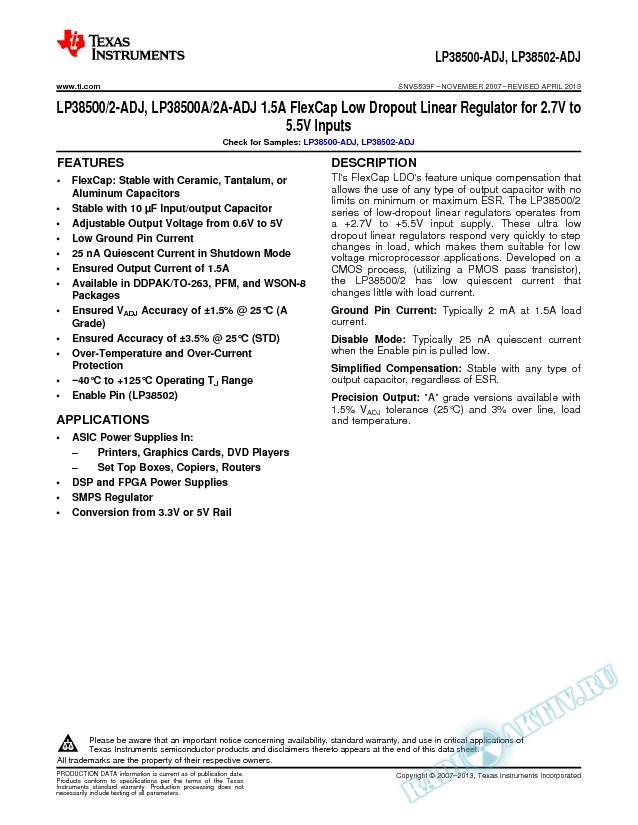 LP38500/2-ADJ, LP38500A/2A-ADJ 1.5A FlexCap LDO Linear Reg for 2.7V - 5.5V Input (Rev. F)