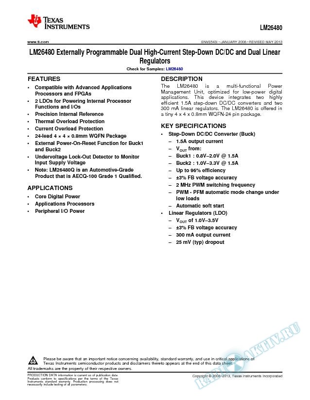LM26480 Externally Programmable Dual Hi-Current Step-Dwn DC/DC and Dual Linr Reg (Rev. I)
