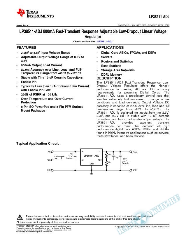 800mA Fast-Transient Response Adjustable Low-Dropout Linear Voltage Regulator (Rev. D)