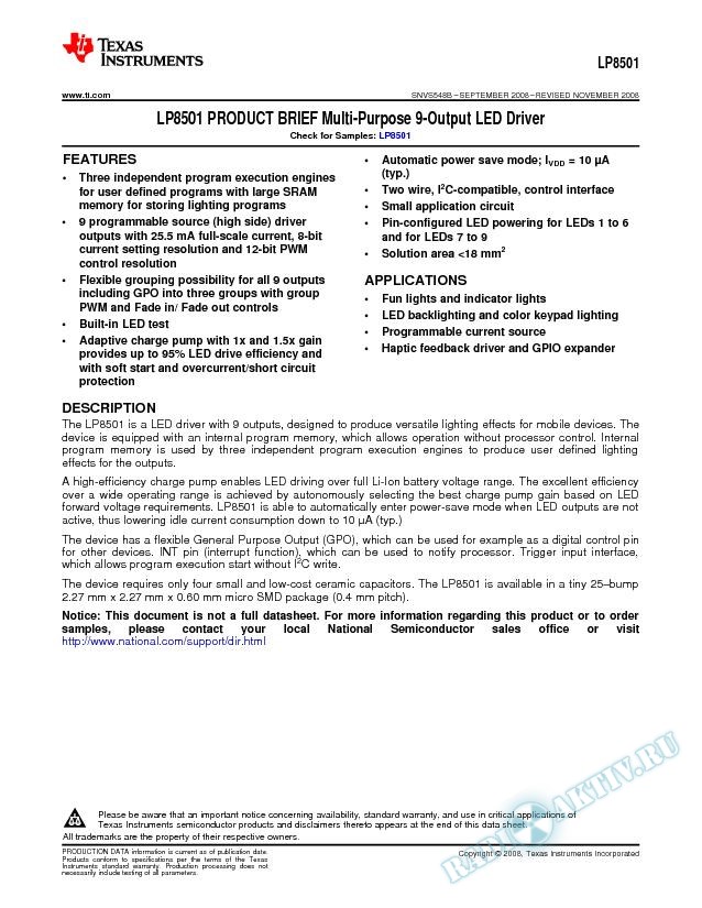 LP8501 PRODUCT BRIEF Multi-Purpose 9-Output LED Driver (Rev. B)