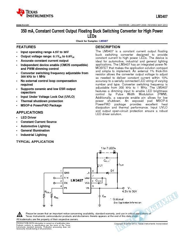 350mA, Constant Current Output Floating Buck Switching Converter for Hi Pwr LEDs (Rev. B)