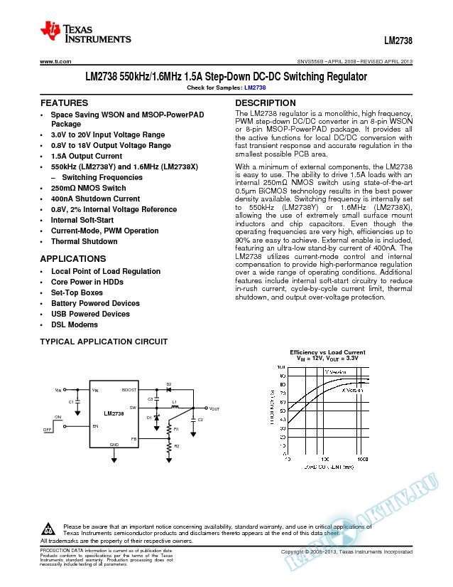 LM2738 550kHz/1.6MHz 1.5A Step-Down DC-DC Switching Regulator (Rev. B)