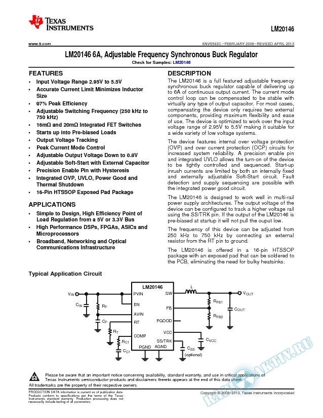 LM20146 6A, Adjustable Frequency Synchronous Buck  Regulator (Rev. C)