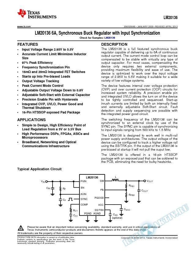 LM20136 6A, Synchronous Buck  Regulator with Input Synchronization (Rev. B)