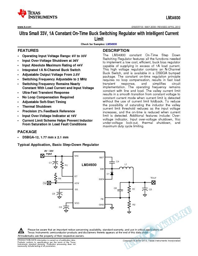 33V, 1A Constant On-Time Buck Switching Reg w/Intelligent Curr Lmt (Rev. B)