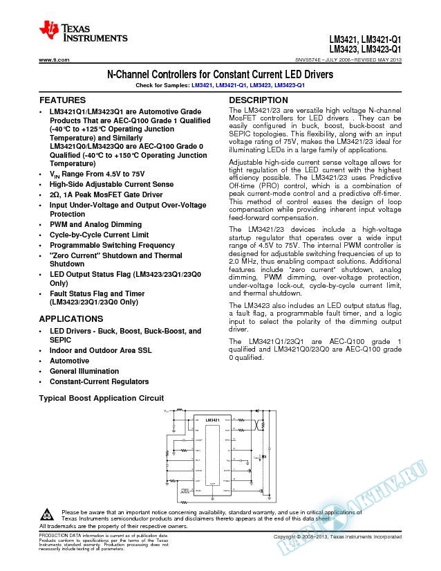 LM3421/21Q1/21Q0 LM3423/23Q1/23Q0 N-Ch Controllrs for Constant Current LED Drvrs (Rev. E)