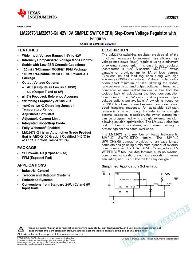 LM22673 42V, 3A SIMPLE SWITCHER® Step-Down Voltage Regulator with Features (Rev. N)