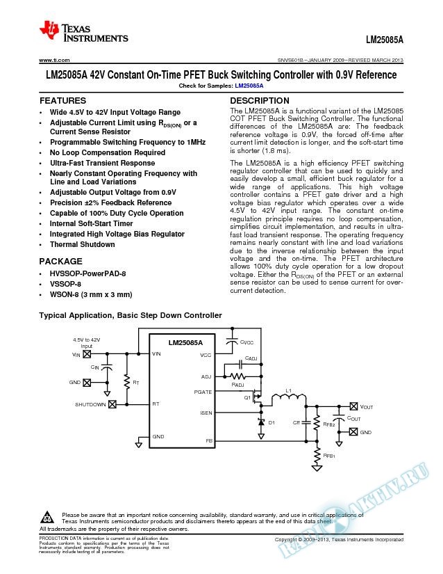 42V Constant On-Time PFET Buck Switching Controller with 0.9V Reference (Rev. B)