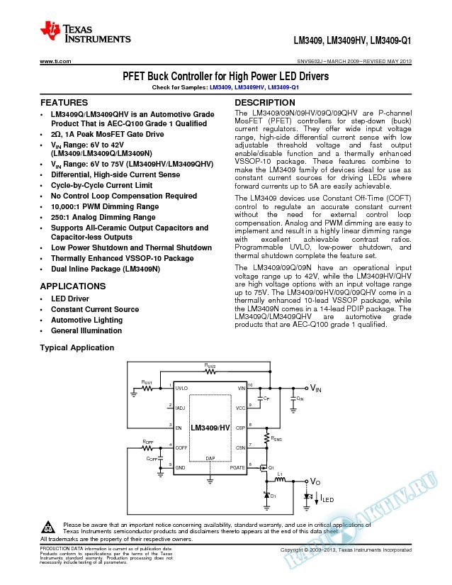 LM3409/HV/Q/QHV/N PFET Buck Controller for Hi Pwr LED Drivers (Rev. J)