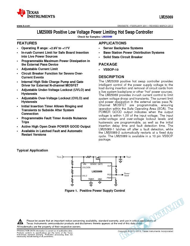 LM25069 Positive Low Voltage Power Limiting Hot Swap Controller (Rev. E)