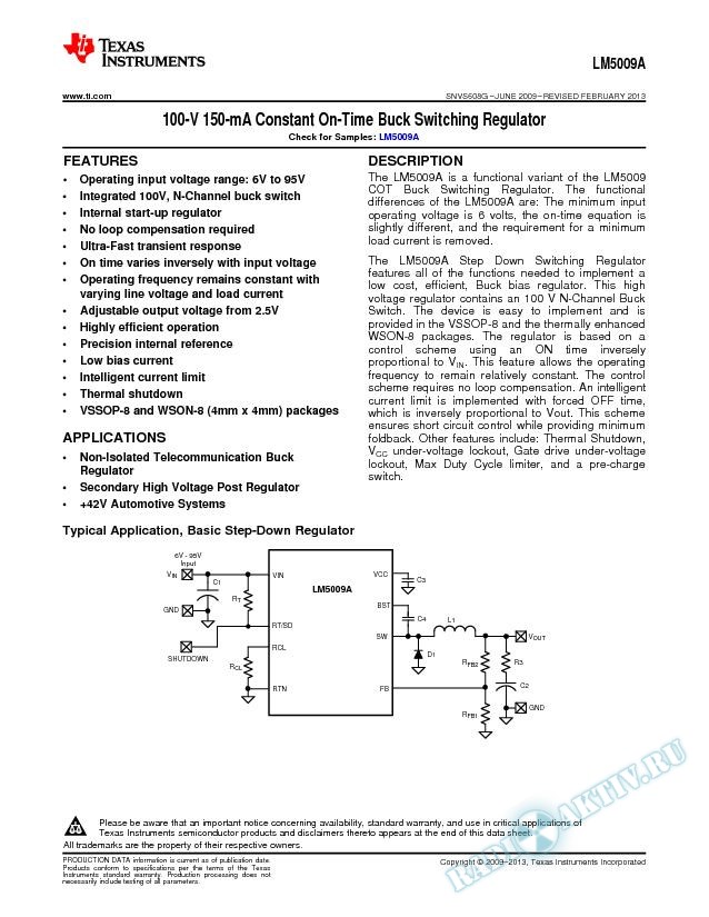 LM5009A 100V, 150 mA Constant On-Time Buck Switching Regulator (Rev. G)