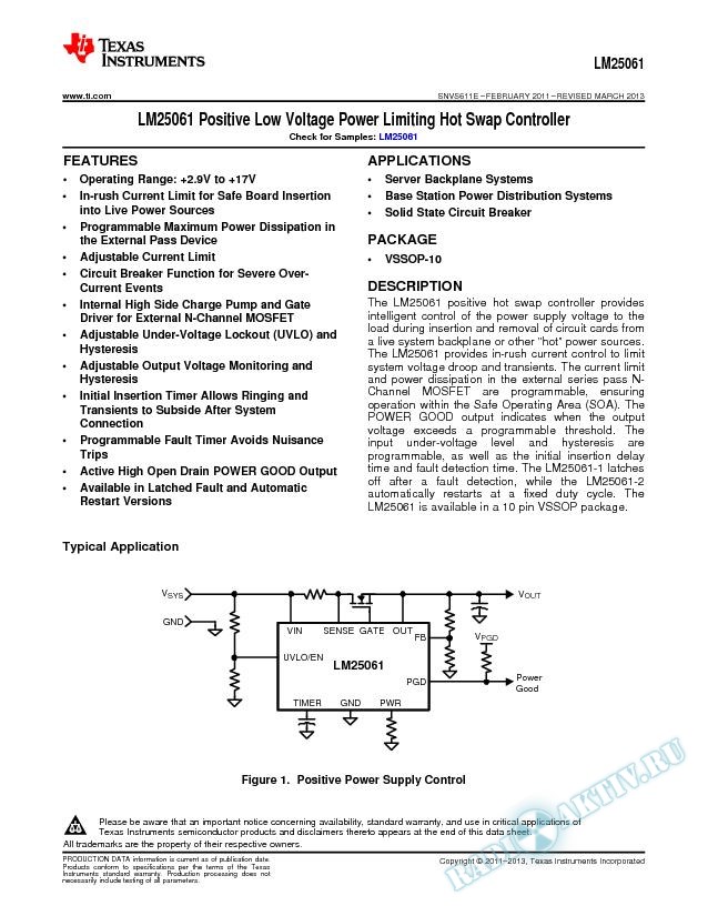 LM25061 Positive Low Voltage Power Limiting Hot Swap Controller (Rev. E)