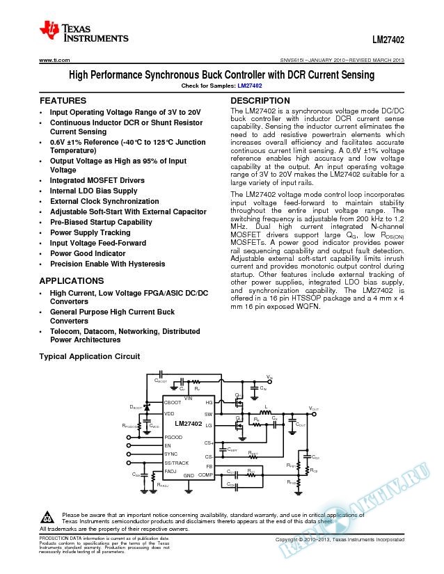 LM27402 High Performance Synchronous Buck Controller with DCR Current Sensing (Rev. I)