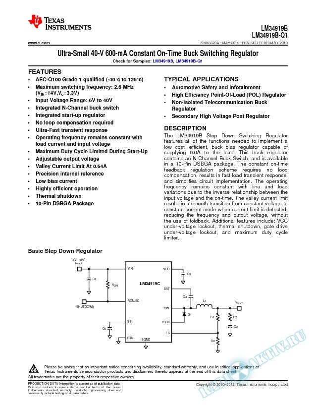 LM34919B Ultra Small 40V, 600 mA Constant On-Time Buck Switching Regulator (Rev. A)