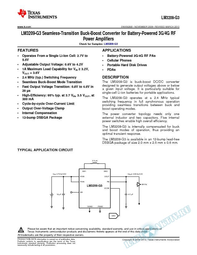 LM3209-G3 Seamless-Transition Buck-Boost Cnvrtr for Batt- Powered 3G/4G RF PAs (Rev. B)