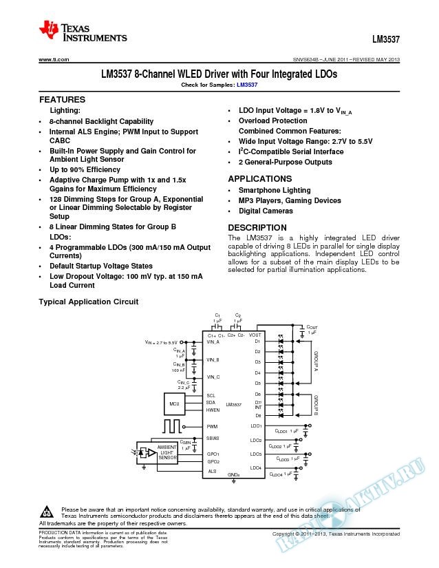 LM3537 8-Channel WLED Driver with Four Integrated LDOs (Rev. B)