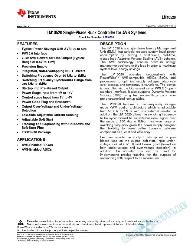 LM10520  Single-Phase Buck Controller for AVS Systems