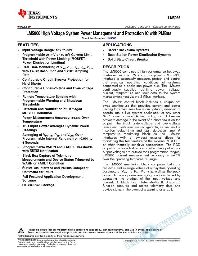 LM5066 High Voltage System Power Management and Protection IC with PMBus (Rev. G)