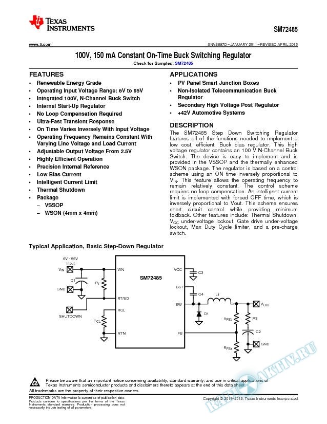 SM72485 SolarMagic 100V, 150 mA Constant On-Time Buck Switching Regulator (Rev. D)